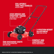 Photo of Craftsman gas lawn mower CM11A-02T8793, red and black, side angle, showing collapsible handles and Briggs and Stratton engine.
