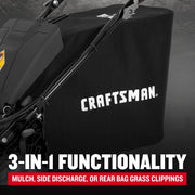Photo of Craftsman lawn mower rear bag, black with logo, CM12ABO2C2093, close-up graphics category.