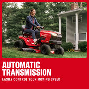 Photo of Craftsman riding lawn mower CM13BL78XTA93 on grass, side view, automatic transmission feature highlighted.