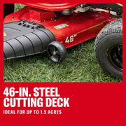 CRAFTSMAN steel cutting deck, 46-inch, CM13BL78XTA93, close-up of mower deck on grass.
