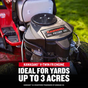 Craftsman mower engine close-up, Kawasaki FR730V, SKU CM14AHA6ZMA93, ideal for yards up to 3 acres.