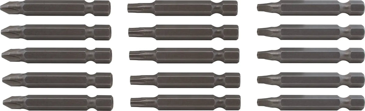 Photo of Craftsman screwdriver bit set SKU CMAF122MIX15, fifteen dark steel bits arranged in three rows, front angle.