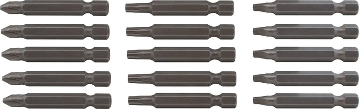 Photo of Craftsman screwdriver bit set SKU CMAF122MIX15, fifteen dark steel bits arranged in three rows, front angle.