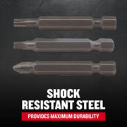 Craftsman graphics CMAF122MIX15, three steel screwdriver bits on black background, durability text.