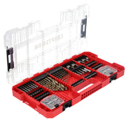 CRAFTSMAN CMAF140SET red drill and driver bit set case with clear lid, showing assorted bits organized inside, angled view.