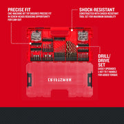 Photo of Craftsman drill and drive bit set CMAF140SET in red plastic case, open top view, showing various bits, screwdriving accessories, and organized compartments.