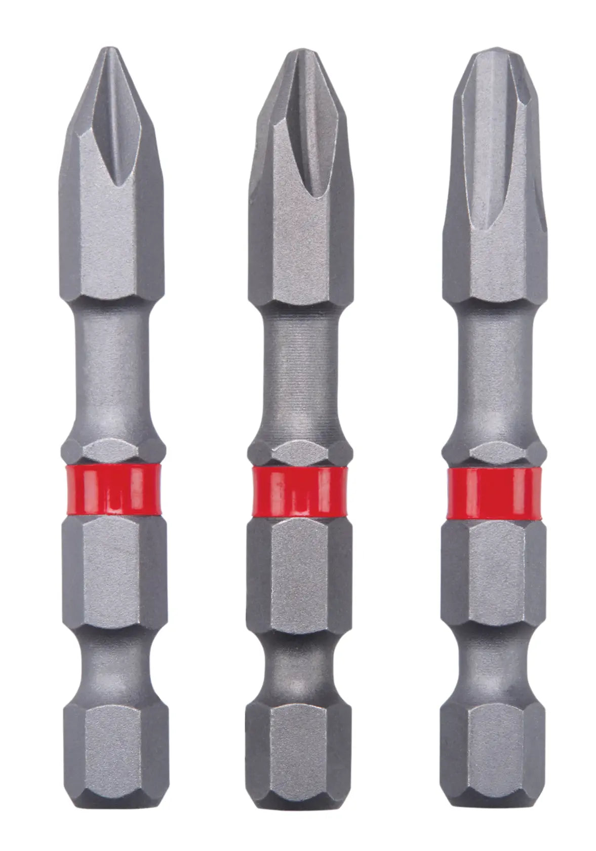 Photo of Craftsman screwdriver bits CMAF2PH-3, set of three, gray steel with red band, front view on white background.
