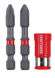 Photo of Craftsman CMAF2PH22 screwdriver bit set with two gray bits and one red magnetic holder, front angle.