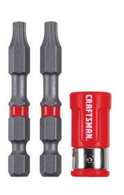 Photo of Craftsman CMAF2TX252 bit set with two gray bits and one red magnetic bit holder, front angle.