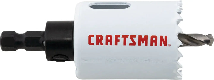Side view photo of Craftsman hole saw with drill bit, white body, red logo, SKU CMAH1112A on white background.