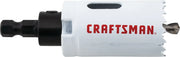 Side view photo of Craftsman hole saw, white body with red logo, SKU CMAH114A, black shank, product photography.