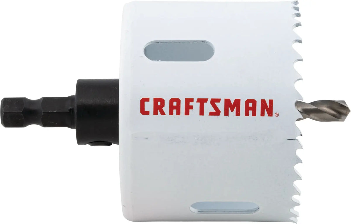 Side view photo of Craftsman hole saw CMAH1212A, white body, red logo, sharp teeth, metal drill bit.