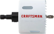 Side view photo of Craftsman hole saw CMAH1212A, white body, red logo, sharp teeth, metal drill bit.