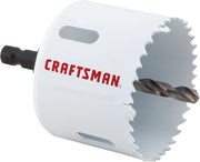 Photo of Craftsman hole saw with drill bit, white body, sharp teeth, side angle, SKU CMAH1212A.