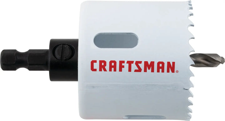 Photo of Craftsman hole saw, white with red logo, side view, SKU CMAH1218A, tool accessory.