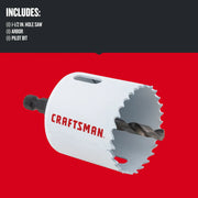 Photo of Craftsman hole saw with arbor and pilot bit, model CMAH12A, angled on white background.
