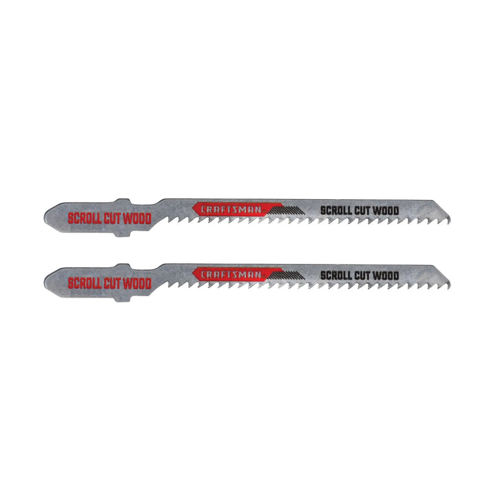 Photo of two Craftsman scroll cut wood jigsaw blades, SKU CMAJ1312WS2, side view on white background.