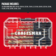 Photo of Craftsman gold oxide drill bit set in clear plastic case, red background, front angle, CMAM2214.