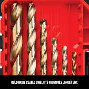 Photo of CRAFTSMAN CMAM2214 gold oxide coated drill bits in a red case, assorted sizes, front angle.