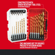 CRAFTSMAN graphics SKU CMAM3211, drill and driver bit set in red and white case, top view.
