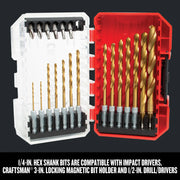 Photo of Craftsman drill and driver bit set CMAM3211, titanium-coated bits in open red and clear plastic case, front angle.