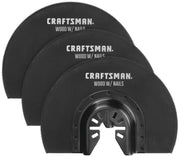 Photo of three Craftsman wood with nails saw blades, black, CMAO113-3, front angle, on white background.