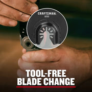 Photo of a person changing a CRAFTSMAN oscillating tool wood blade with CMAO113-3, showing tool-free blade change feature.
