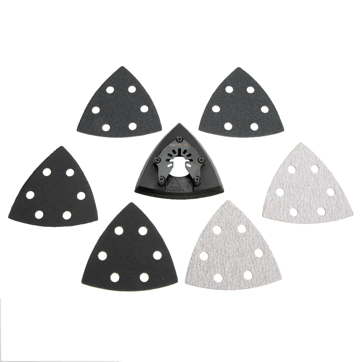 Photo of Craftsman sanding pad set CMAO200, triangle pads with holes and mounting head, top angle on white background.