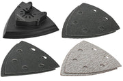 Photo of Craftsman CMAO200 sanding pad and three triangle sandpaper sheets on white background.