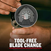 CRAFTSMAN CMAO200 graphics showing tool-free blade change feature in close-up photography.
