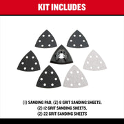 Craftsman CMAO200 sanding pad and six triangle sanding sheets, assorted grits, flat lay on white background.