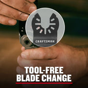 Photo of hands changing Craftsman oscillating tool blade, CMAO201, with a close-up showing tool-free blade change feature.