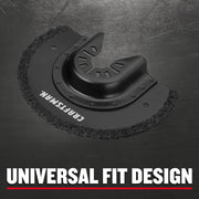 Photo of Craftsman CMAO400 graphics accessory, semicircular black grinding blade on dark surface, top view.