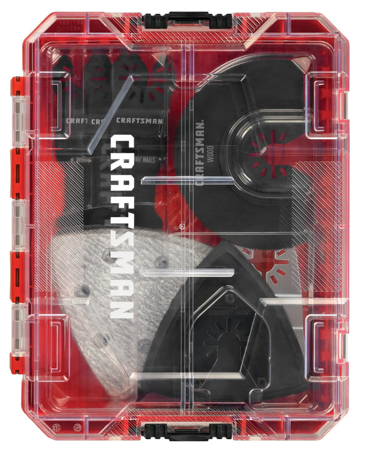 Photo of Craftsman accessory kit CMAO516 with multi-tool blades and sanding pads in a clear red storage case, top view.