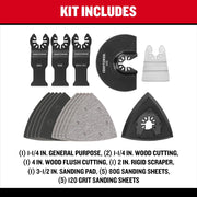 Photo of Craftsman oscillating tool accessory kit CMAO516, includes multiple blades, sanding pads, and sanding sheets, top-down angle.