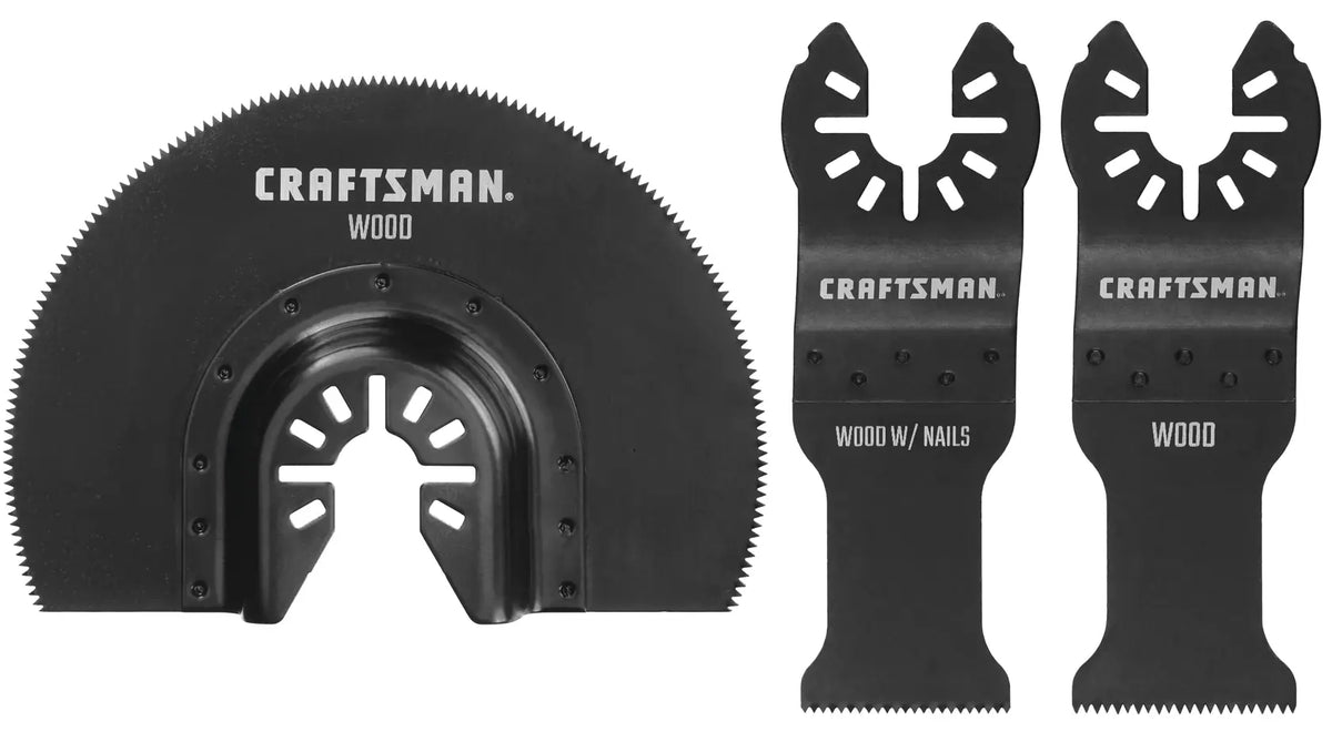 Photo of three black Craftsman oscillating tool blades, SKU CMAO552, for wood and wood with nails, on white background.