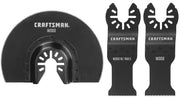 Photo of three black Craftsman oscillating tool blades, SKU CMAO552, for wood and wood with nails, on white background.