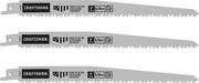 Photo of three Craftsman reciprocating saw blades, 9 inch, 5/6 TPI, SKU CMAR596P3, on white background.