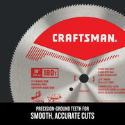 Photo of Craftsman 10 inch 180T saw blade CMAS210180, silver with red graphics, close-up showing teeth and specs.