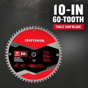 Photo of Craftsman 10-inch 60-tooth table saw blade, model CMAS21060, carbide-tipped, with red and black design.
