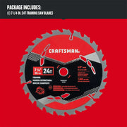 Photo of Craftsman 7-1/4 inch 24T framing saw blade, SKU CMAS372524, on a red background, front view.