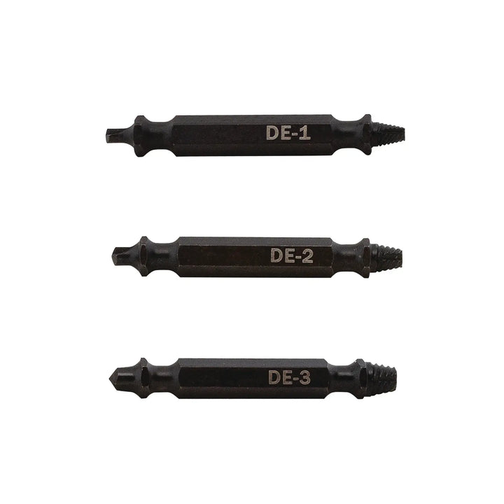 Photo of three CRAFTSMAN screw extractor bits, DE-1, DE-2, DE-3, SKU CMAT133, front angle, on white background.