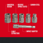 Photo of CRAFTSMAN CMAT136 bolt extractor set with five carbon steel extractors, one impact adapter, white background, front view.