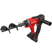 Photo of CRAFTSMAN CMCA320C1 cordless earth auger with red and black body, black handle, and large spiral bit, angled view.