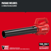 Photo of Craftsman V20 axial blower CMCBL700B in red and black, tool only, side angle view.