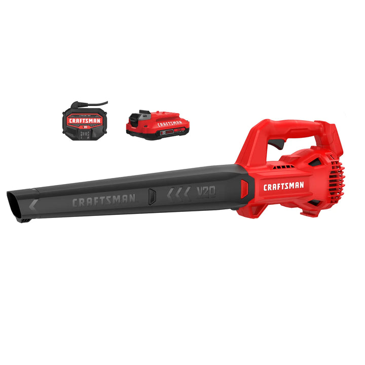 Craftsman cordless leaf blower with battery and charger, red and black, side view, CMCBL710D1.
