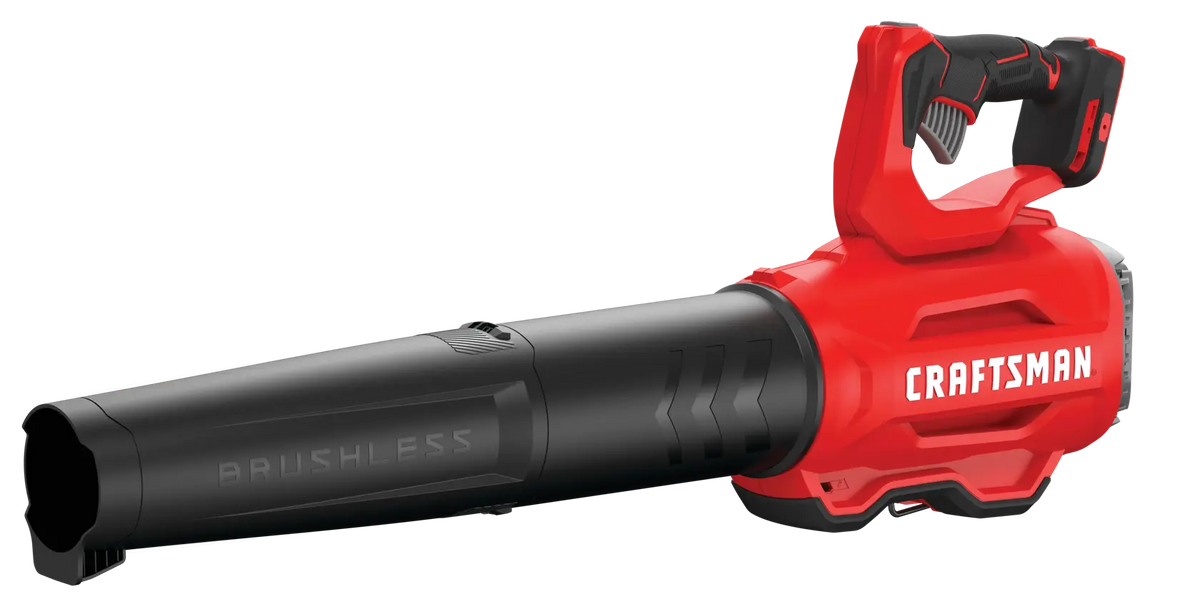 Photo of Craftsman cordless leaf blower CMCBL720B, red and black, side angle on white background.