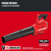 Photo of Craftsman V20 axial blower CMCBL720B, red and black, product angled right, brushless tool only.