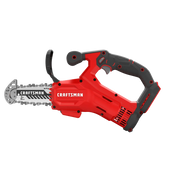 Photo of Craftsman CMCCS320B cordless mini chainsaw, red and black, side angle, on white background.