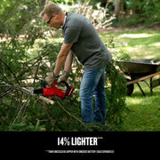 Photo of CRAFTSMAN cordless mini chainsaw CMCCS320B cutting tree branches outdoors.